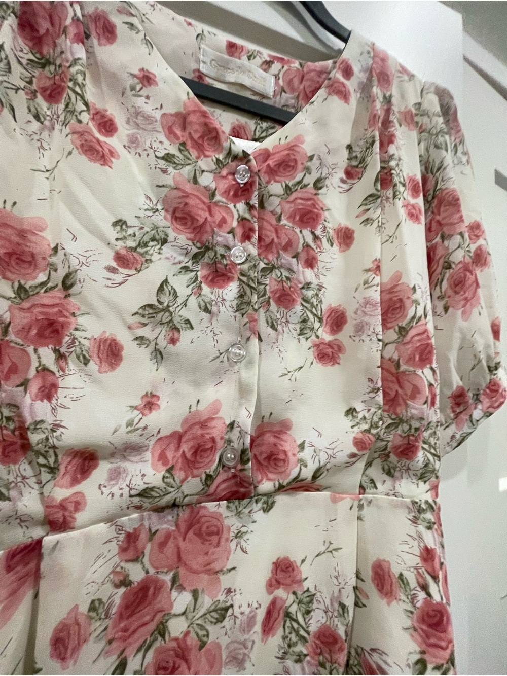 Floral Midi Dress in Ivory with Pink Roses - Picture 3 of 4